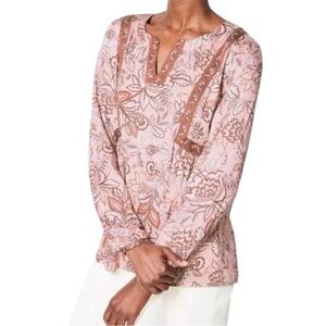 J Jill Women’s Pink and Brown Floral Peasant Blouse Size Large Petite LP PL